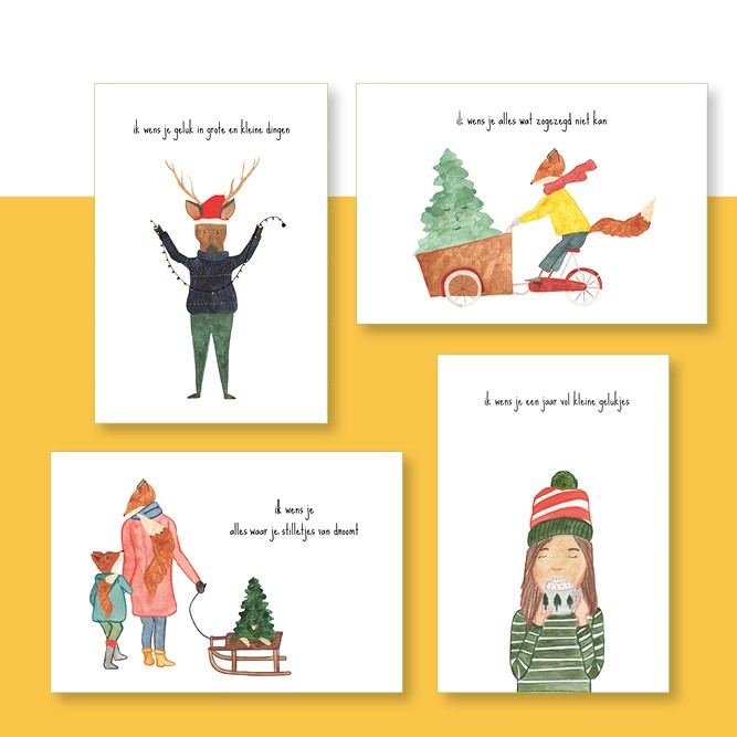  Grote en kleine gelukjes: set van 4 wenskaarten