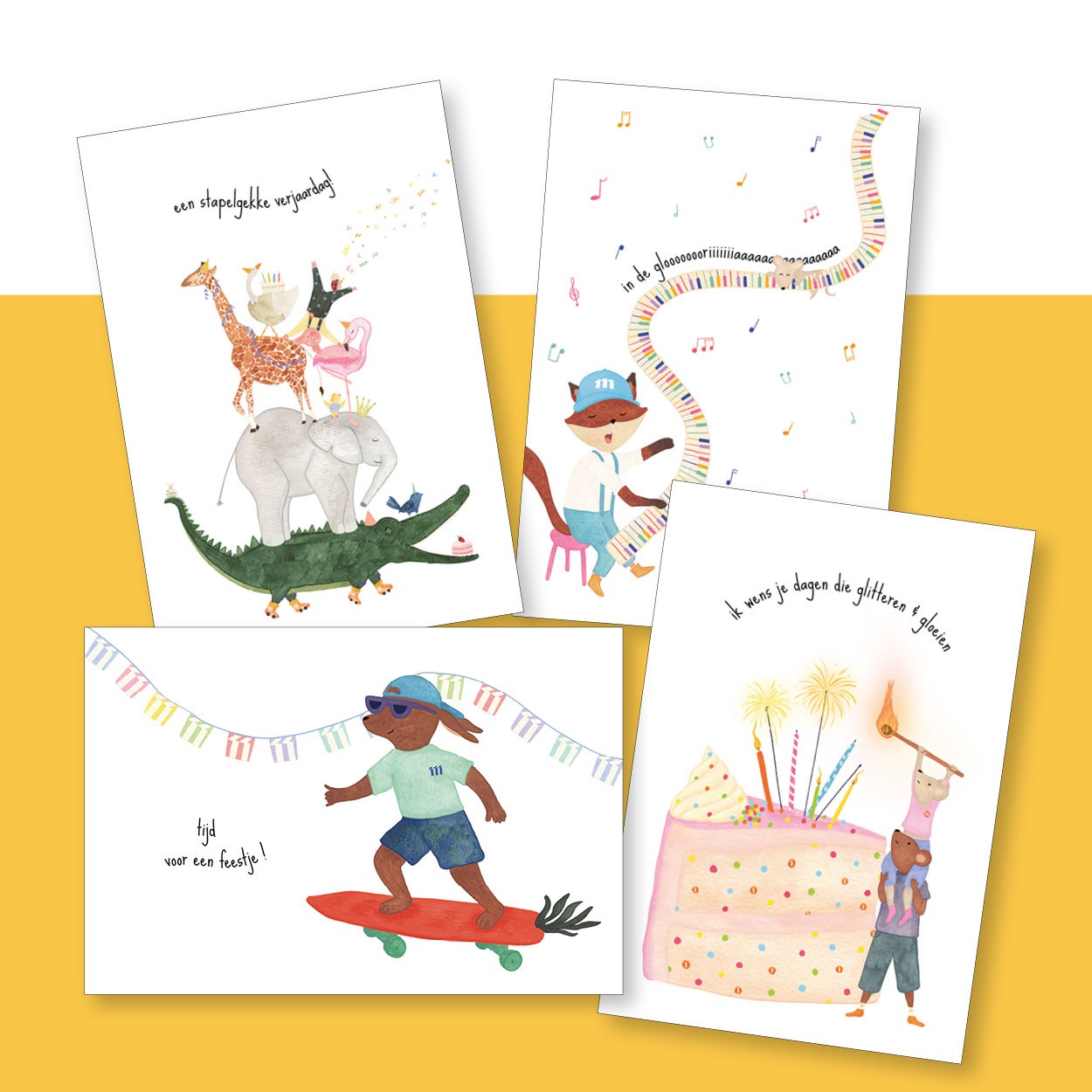 !NIEUW! Een bundeltje hoeraatjes: set van 4 wenskaarten